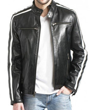Leon Kennedy RE3 Biker Jacket   Black Striped Leather Motorcycle Jacket for Men