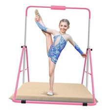Gymnastics Bar with Self-Inflating Mat for Kids, Adjustable Pink with Mat