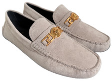 NIB Versace Medusa Logo Greca Gold Grey Suede Driving Shoes Loafers Sz 41 US 8