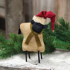 NEW Primitive SHEEP with Santa Hat Figurine FARMHOUSE Cottage 6.5"Hx4"Wx1.5"D