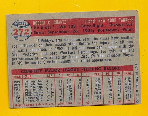 66342 1957 Topps #272 Bobby Shantz Yankees EX/MT NO CREASES BK$50 - Bild 2 von 3