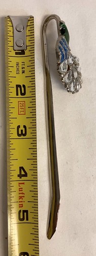 Green & Blue Enamel Rhinestone Peacock Bookmark Marker 5.5" Long - Picture 4 of 4