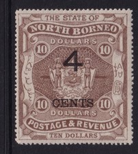 NORTH BORNEO QV SG124, 4c on $10 brown, lightly mounted mint