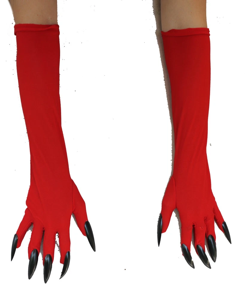 De lujo 17" Largo Bruja Par de Guantes Largos Negro Uñas Diseño Rojo Foto 2 de 3