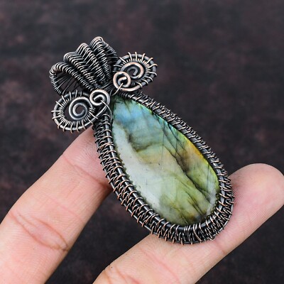 Labradorite Gemstone Wire Wrapped Pendant Handcrafted Copper