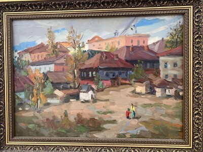 Straßenecke einer Altstadt.Original Vintage Ölgemälde eines ukrainischen Künstlers