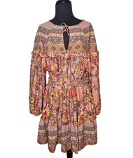 BOHEMIA Ruffled Mini Dress L Balloon Sleeves Boho Peasant Floral Horses Flounce