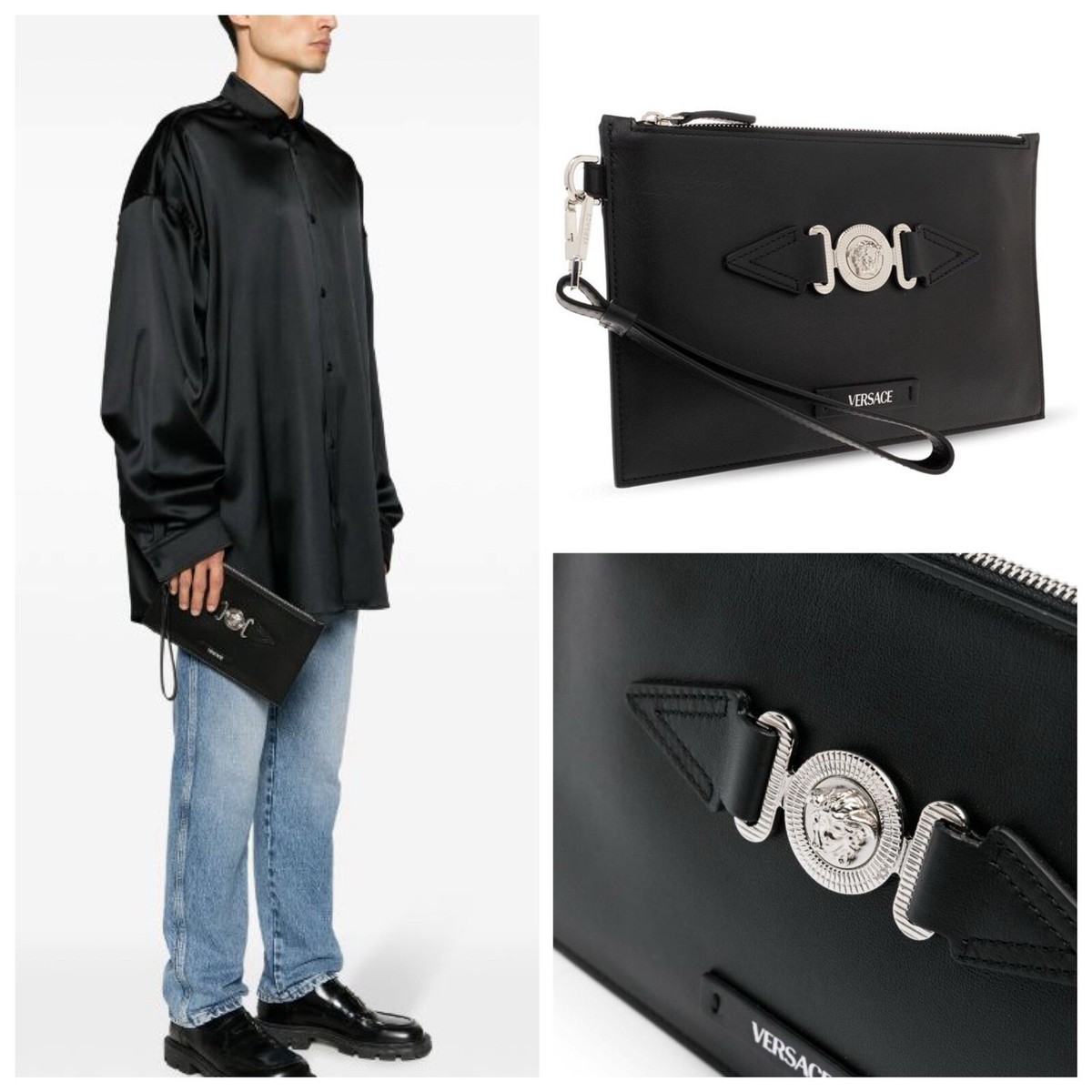ショルダーバッグ Versace Small Medusa Biggie Clutch - Leather - Black Vesace Men Medusa Black Leather Silver Biggie Clutch Pouch