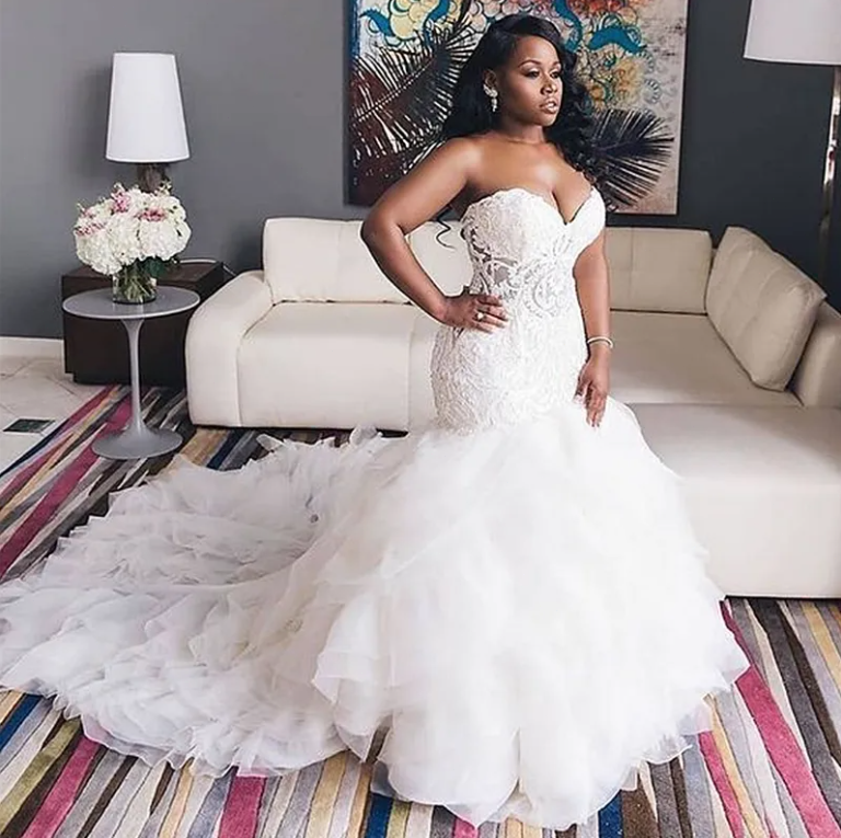 African Wedding Gowns Lace Appliques Mermaid Bridal Wear Ruffles Long Train  | eBay