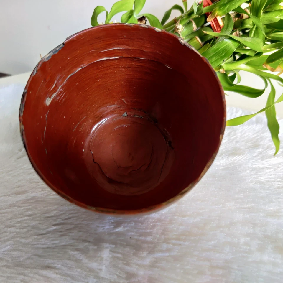 Tigela de madeira birmanesa vintage colorida lacada pintada à mão 1910 W635 - Imagem 2 de 4