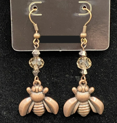 Handmade Antique Copper Tone Bee with Crystal Bead Earrings by Neanie-Bot