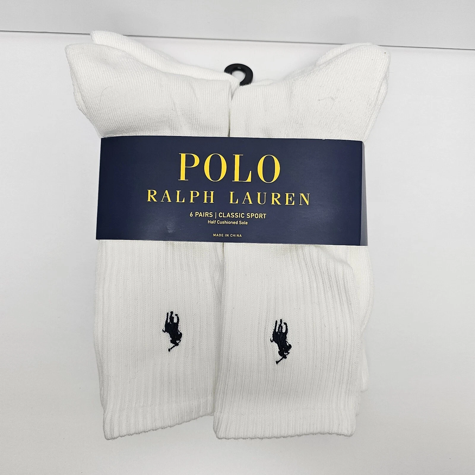 Polo Ralph Lauren Men's White Classic Sport Crew Socks 6-Pack Blue Pony (10-13)