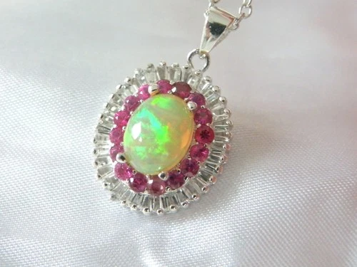 Vintage Sterling Silver 925 Natural Ethiopian Opal Ruby Halo Pendant Necklace