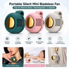 Portable Silent Mini Bladeless Fan Clip On Waist & Neck, Rechargeable 3 Speeds