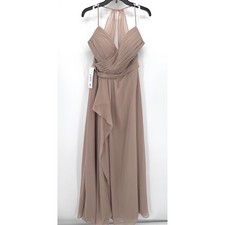 Azazie Dawn Bridesmaid Dress Sz A10 Taupe Halter Chiffon Gown Wedding NWT
