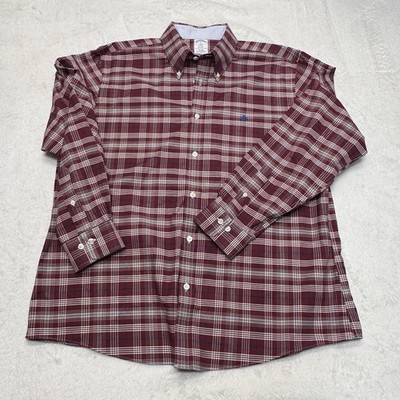 Brooks Brothers Button Down Mens XL Maroon Excellent Regent Fit Plaid Non-Iron