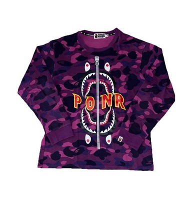 A Bathing Ape Men's Long Sleeve Cotton Shirt Purple Camo Shark PONR, Size XL NEW