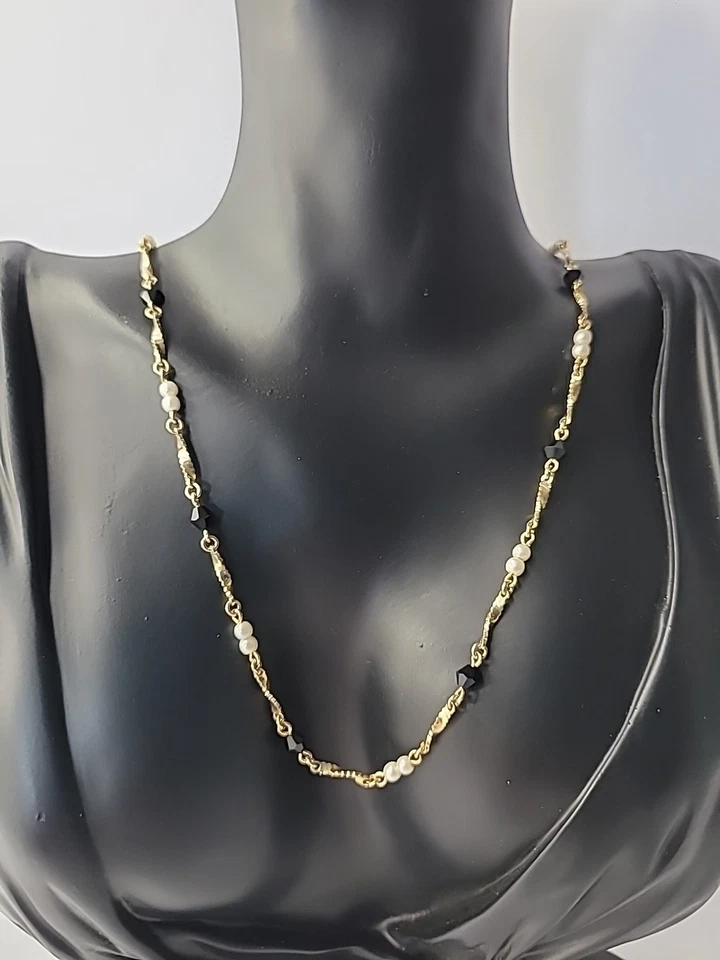 Vintage Premier Designs Necklace Chain Gold Tone Mini Beaded Black White Jewelry - Image 4 of 4