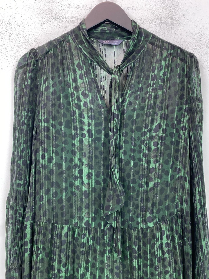 M&S Collection Green Animal Print Mini Tiered Dress Long Sleeve Pullover UK 8 - Image 4 of 4
