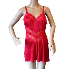 Vintage 70s 80s Petra Fashions Red Satin Lace Nightie Lingerie M Union Made