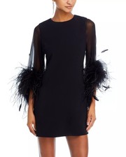 NWT Alice + Olivia $1,074 Black Izola Feather Cuff Mini Dress Size 4