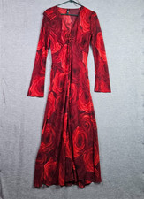 MNG Women's Red Rose Print Maxi Dress Sz M Long Sleeve Tie Front