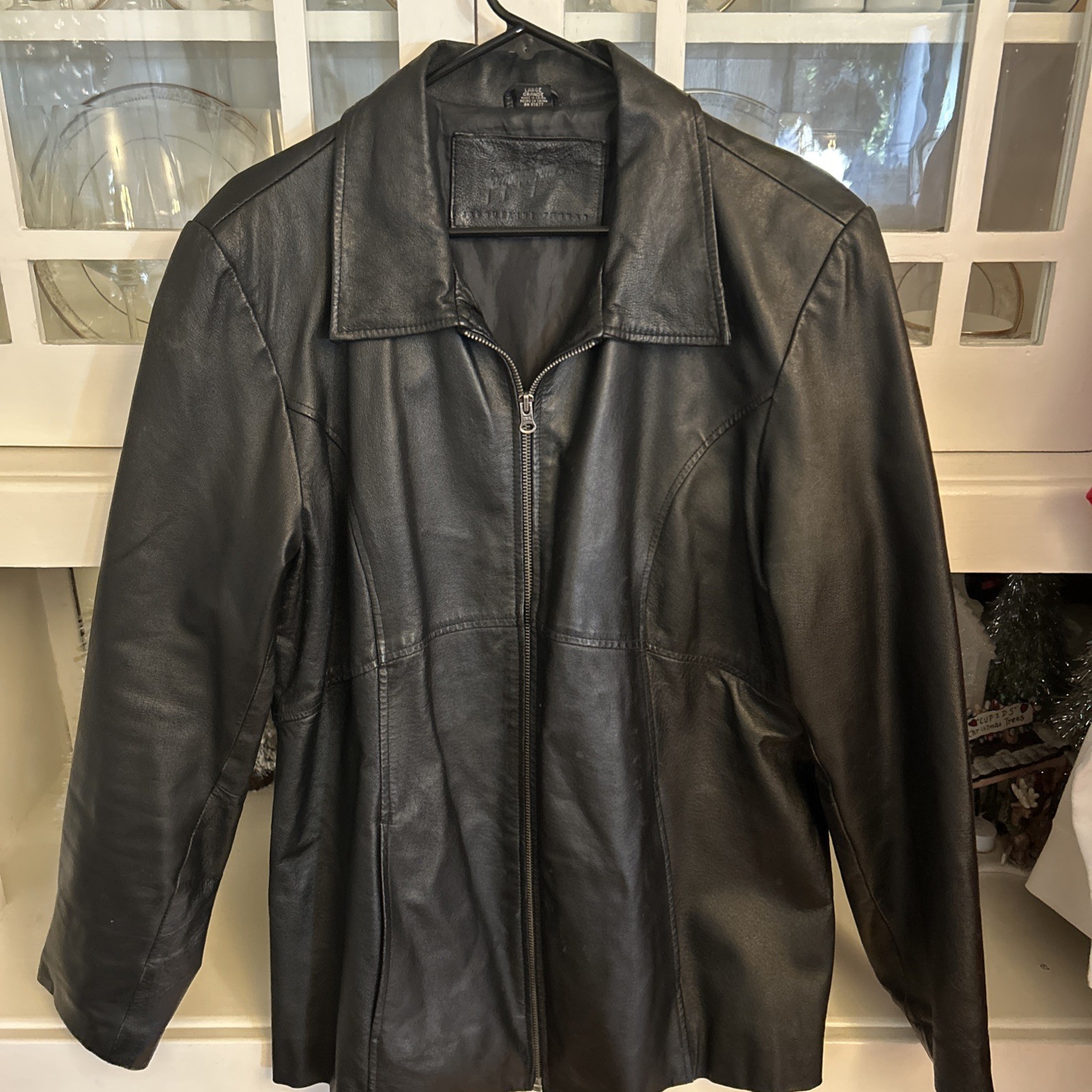 Women’s Black Leather Jacket With Zip Closure Side Pockets, Fully Lined Size L