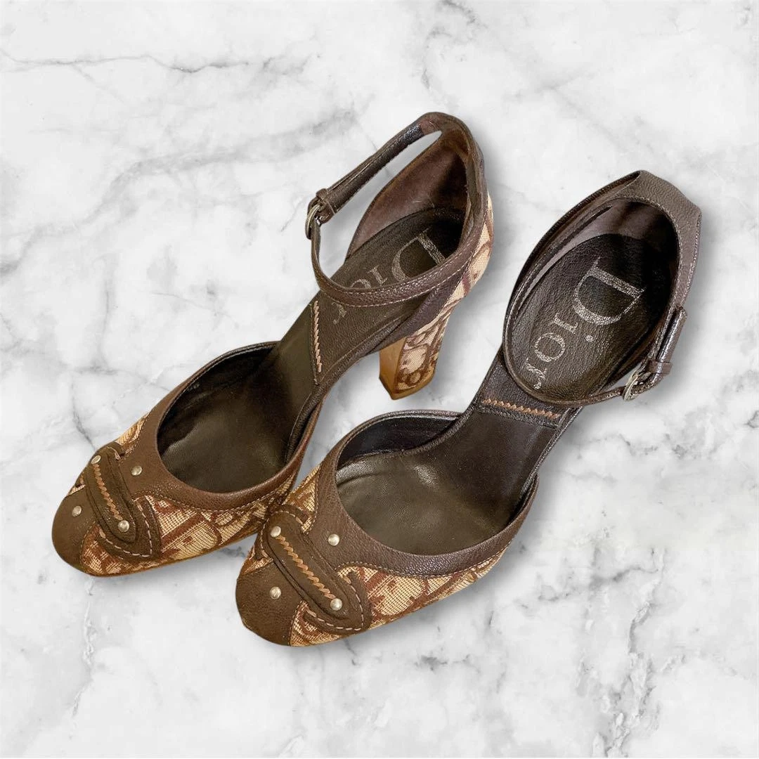 Escarpins Christian Dior talon trotteur toile marron EU35/US5 authentiques du Japon