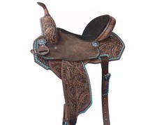 Hand-Tooled Western Barrel Leather Horse Saddle Turquoise Accents  Floral Carved