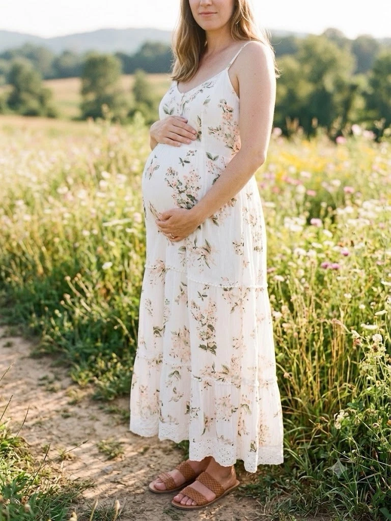 white flowy maternity dress HATCH Collection The Camilla in Western Color Momyknows White Ruffle Ruched Smocked