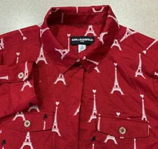 Karl Lagerfeld Paris Shirt Women’s Small Eiffel Tower Long Sleeve Blouse Red