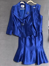 Sapphire Collection Lilly Taylor Suit 14 Blue Satin Blazer Skirt Mother Cocktail