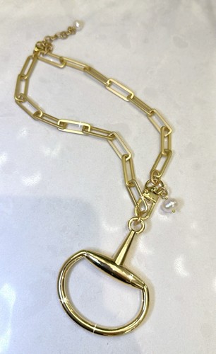 Equestrian Necklace Equine Horse, Snaffle bit Matte Gold Rectangle Chain - 第 3/4 張圖片