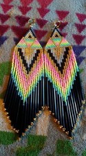 Tribal Earrings Native Large Boho American Seed Beads Handmade Multicolor