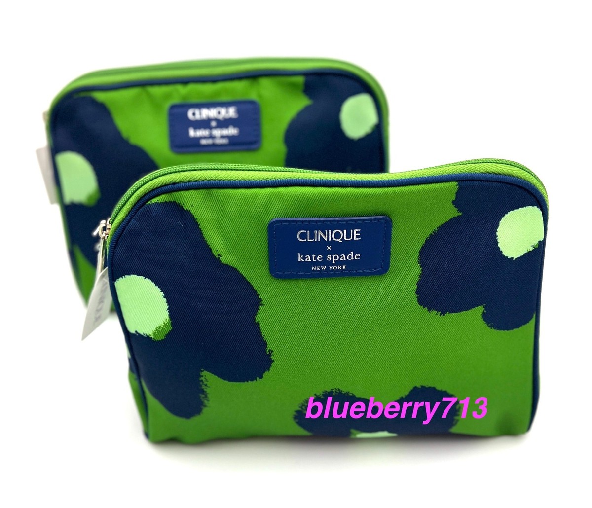 2 x Clinique x Kate Spade Green Navy Makeup Bag Zipper Pouch 1684