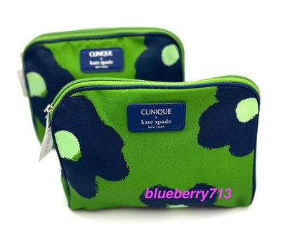 2 x Clinique x Kate Spade Green Navy  Makeup Bag Zipper Pouch