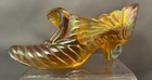 Fenton Iridescent Gold Amber Cat Head Swirl Drape Carnival Glass Shoe W/ Sticker
