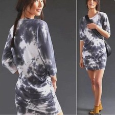 Anthropologie Sundry Ruched Tie Dye Mini Dress Jersey Knit Gray small/1 NEW