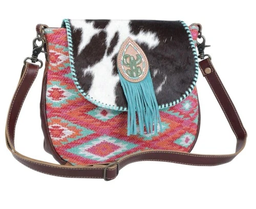 Myra Womens Shoulder Bag Oceanic Blue Hair On Hide Cactus Fringe Multi S-4696