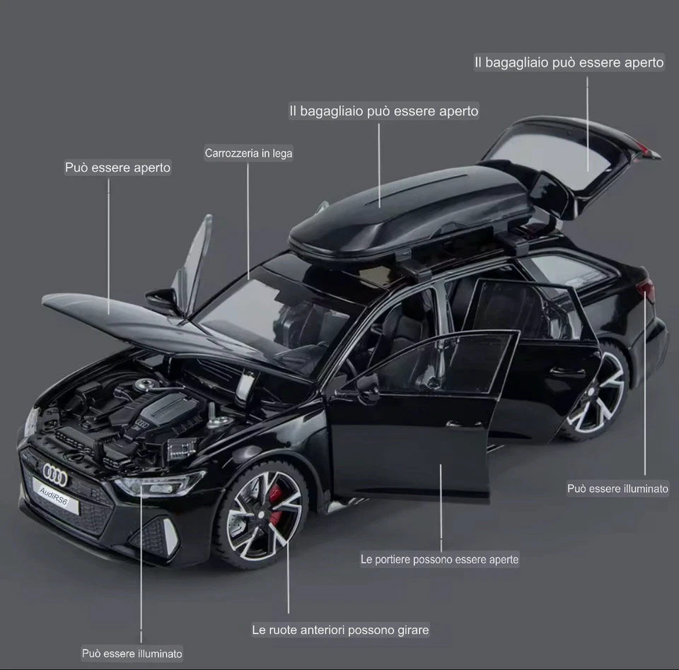 Modellino Alluminio Audi RS6 1/32 Nero Lucido Con Porte Apribili Nero o Grigio - Immagine 4 di 4