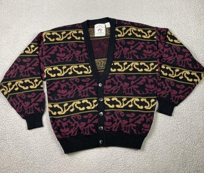 Vintage Hoopla Sweater Mens Medium Black Burgundy Yellow Button Cardigan 90s