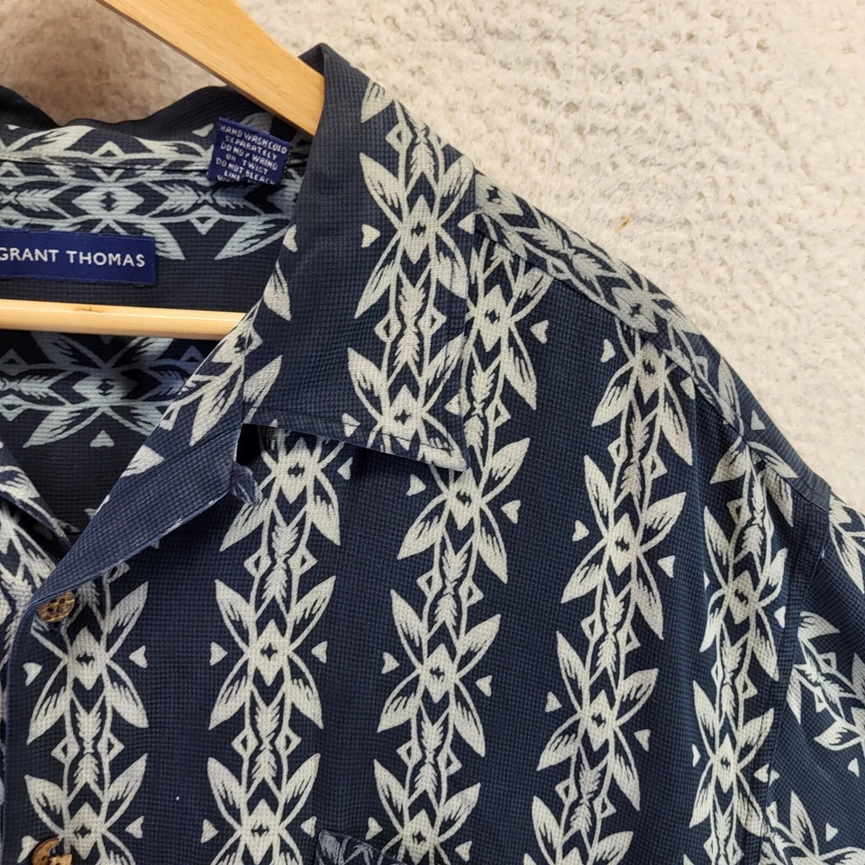 Grant Thomas 夏威夷丝绸露营衬衫男式 XL 花卉条纹纽扣领 — 第 3/4 张图片