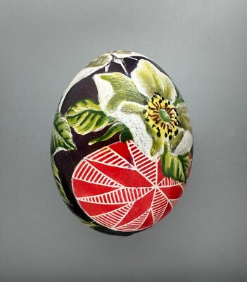 Hen Pysanka Easter Egg Written on Real Shell, Wax Resist Dyed,Scratched, St.#H14