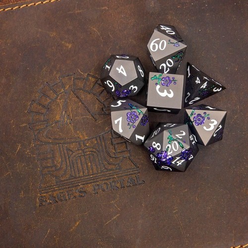 Sage's Petrified Flowers Black/Purple Flowers Metal Dice Set Dnd Dice RPG TTRPG - Picture 8 of 16