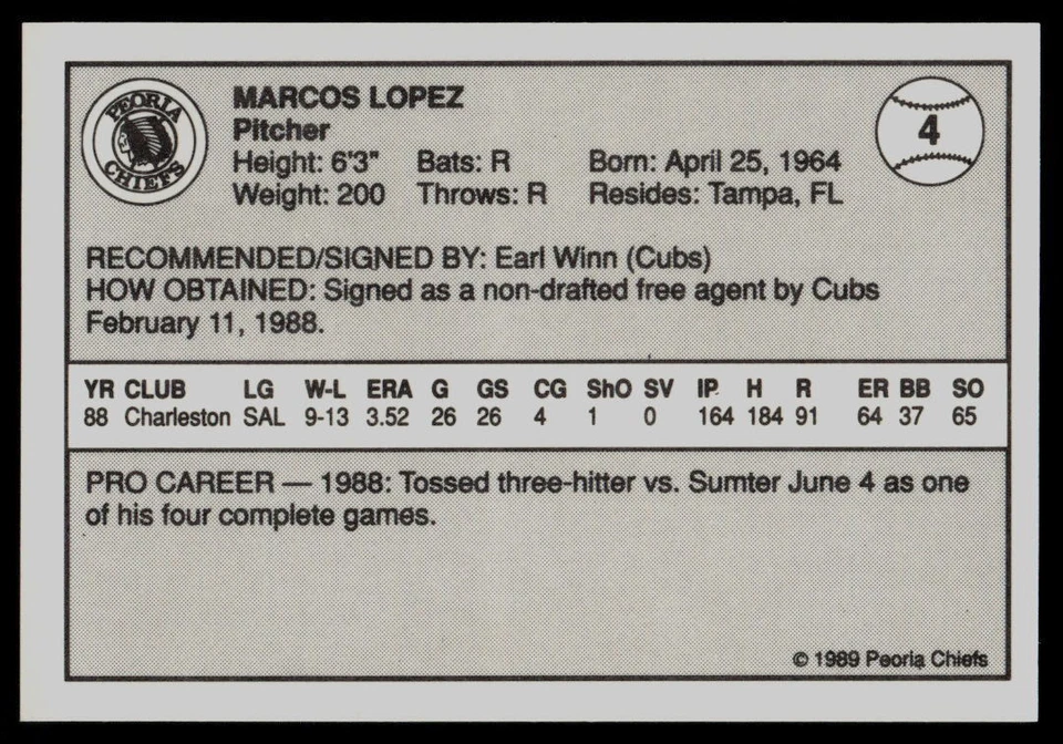 1989 Team Issue Marcos Lopez Peoria Chiefs - Image 2 of 2