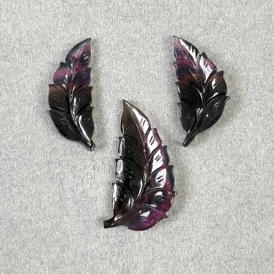 26.15cts Natural MULTI COLOR TOURMALINE Leaves Carving 28*13mm - 31*13mm 3pcs - Image 2 of 4
