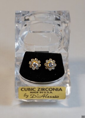 D' Alessio Cubic Zirconia Stud Earrings In Original Box Gold Tone Vintage