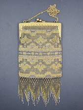 Vintage French Gold Color Beaded Micro Bead Purse Evening Bag with Knot Fringe