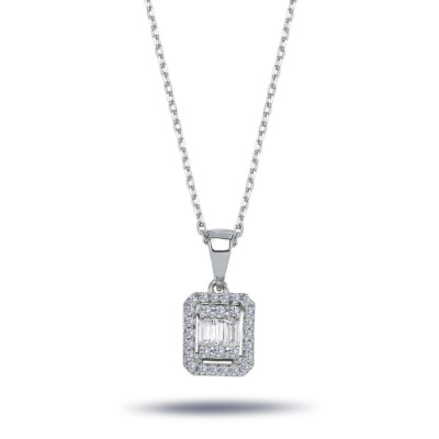 Diamant Halskette mit 0,23 Carat Baguette & Brillant Schliff Anhänger Weißgold