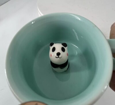 ZaH Small 3D Panda Figurine Peek A Boo Inside Ceramic Mint Green Tea Cup 2.5''